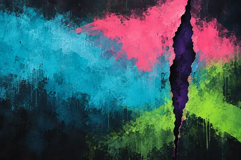 A vertical tear revealing a darker layer beneath in black, teal, pink, navy; landscape artwork.