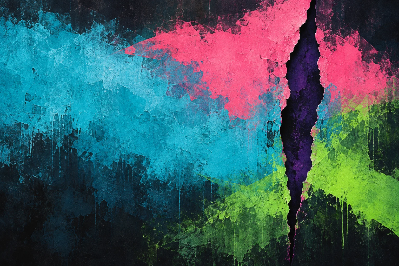 A vertical tear revealing a darker layer beneath in black, teal, pink, navy; landscape artwork.