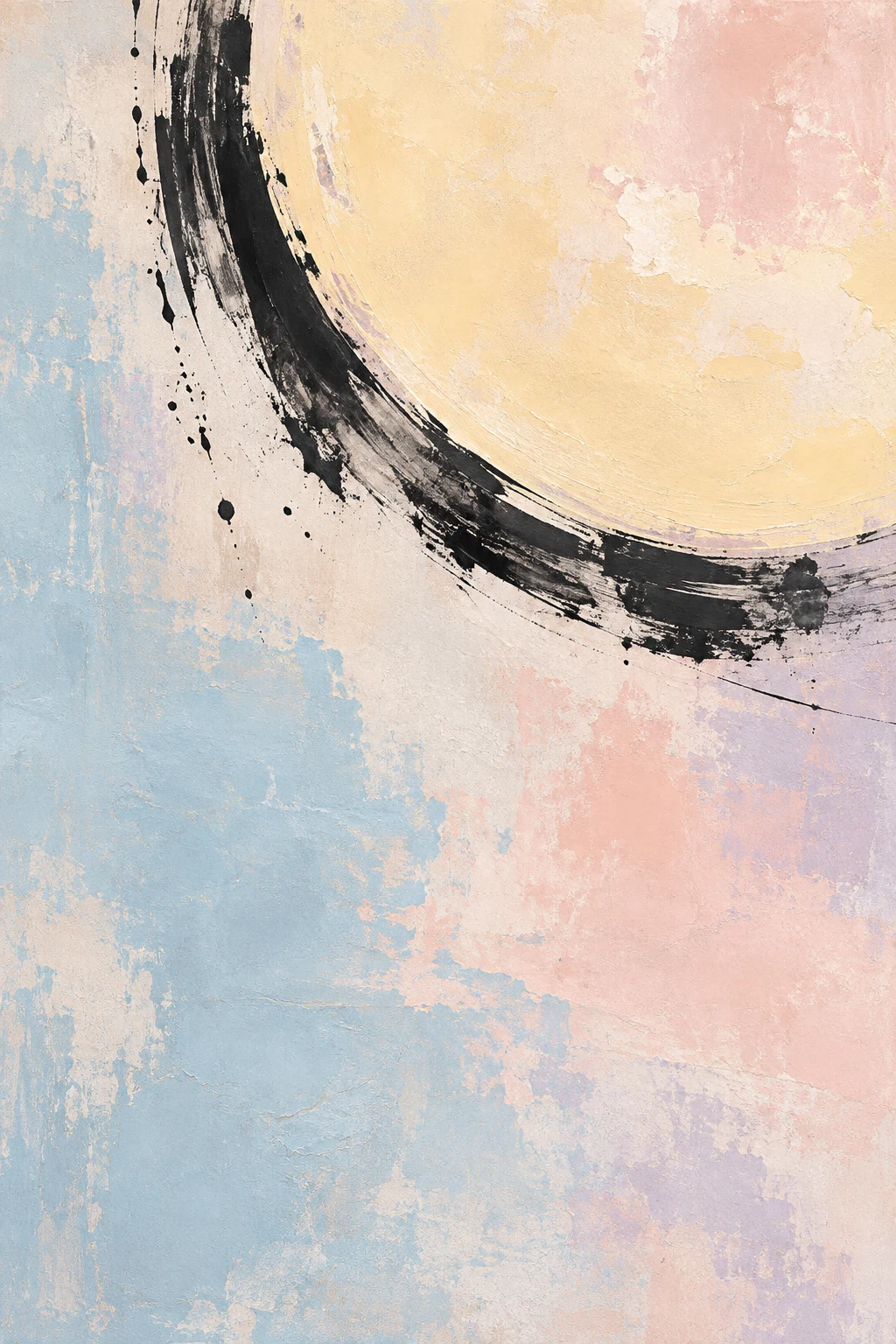 One huge circle bleeding off the top edge in cream, stone, gray; portrait artwork.