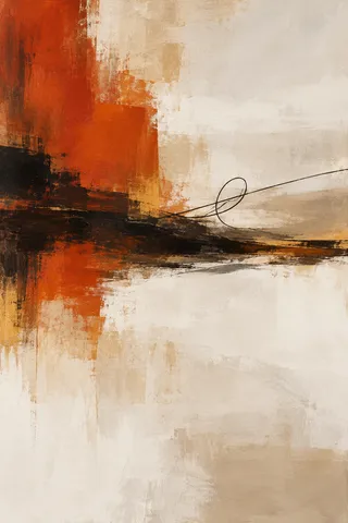A knot of looping line over a calm ground in cream, red, stone, sand; portrait artwork.