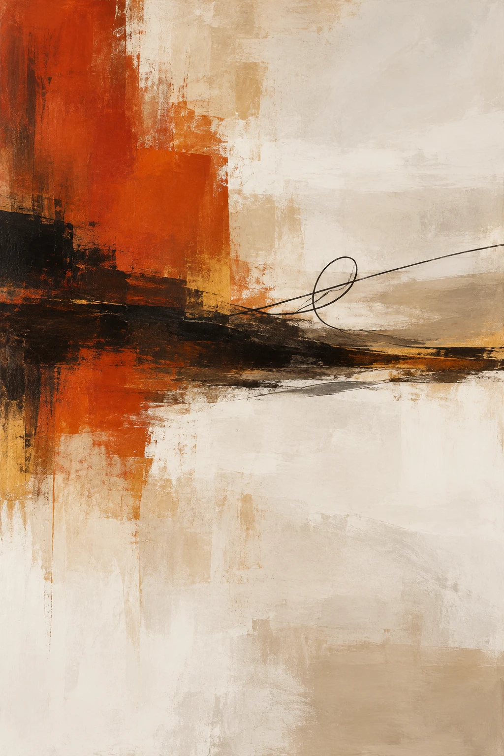 A knot of looping line over a calm ground in cream, red, stone, sand; portrait artwork.