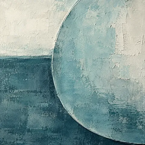 An enormous oval relief on a rough ground in cream, teal, sky blue, stone; square artwork.