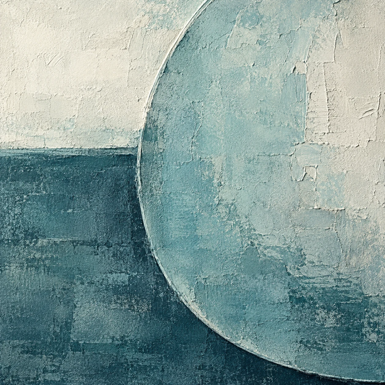 An enormous oval relief on a rough ground in cream, teal, sky blue, stone; square artwork.
