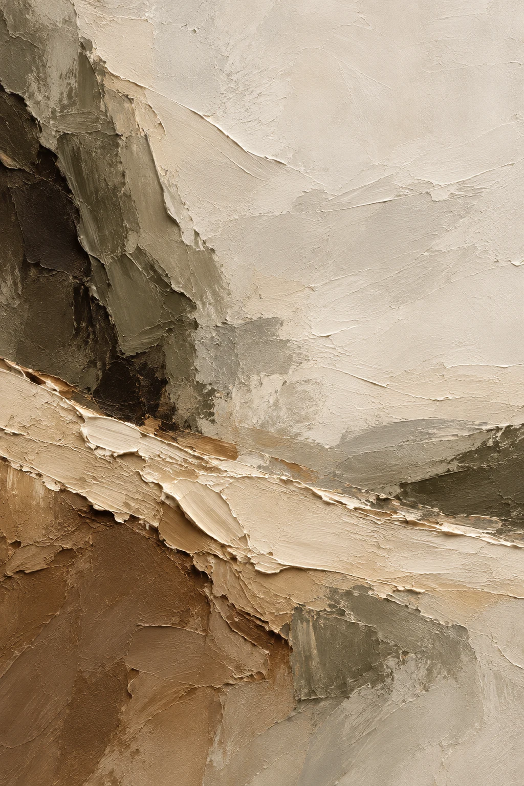 One heavy impasto band across the lower third in cream, brown, stone, sage; portrait artwork.