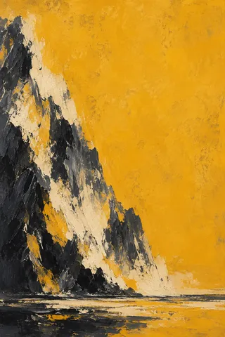 A mountainous mass of paint on the left, empty on the right in yellow, black, orange, charcoal; portrait artwork.