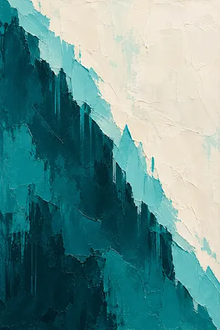 A diagonal split of two colors, hard edged in cream, navy, teal, black; portrait artwork.