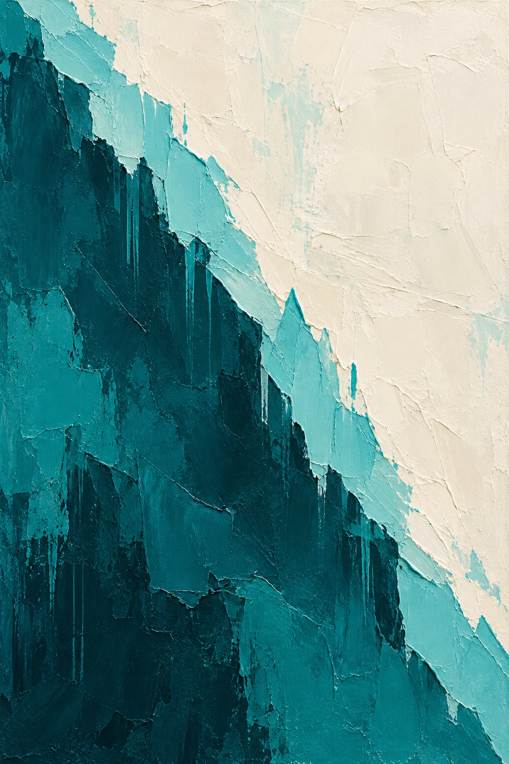 A diagonal split of two colors, hard edged in cream, navy, teal, black; portrait artwork.