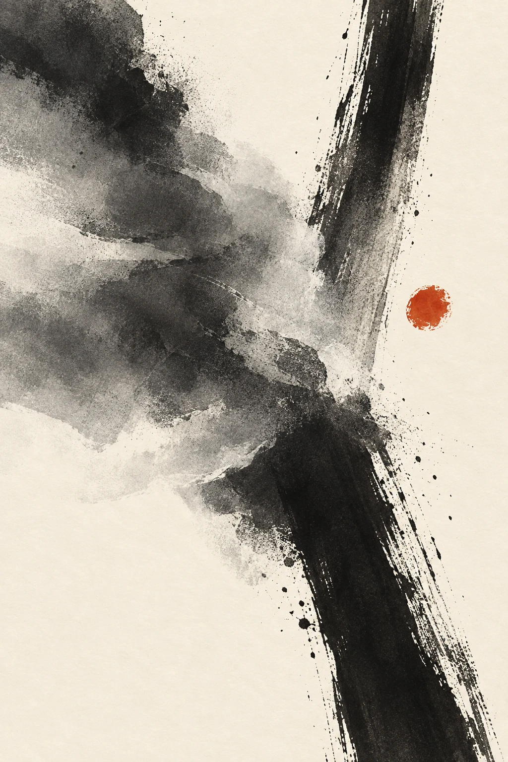 A great soft cloud form drifting off the left edge in white, black, charcoal, gray; portrait artwork.