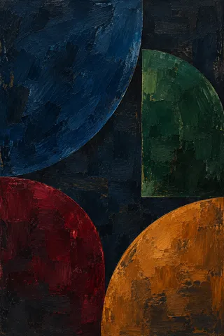 Four quarter-circles turned different ways in black, rust; portrait artwork.
