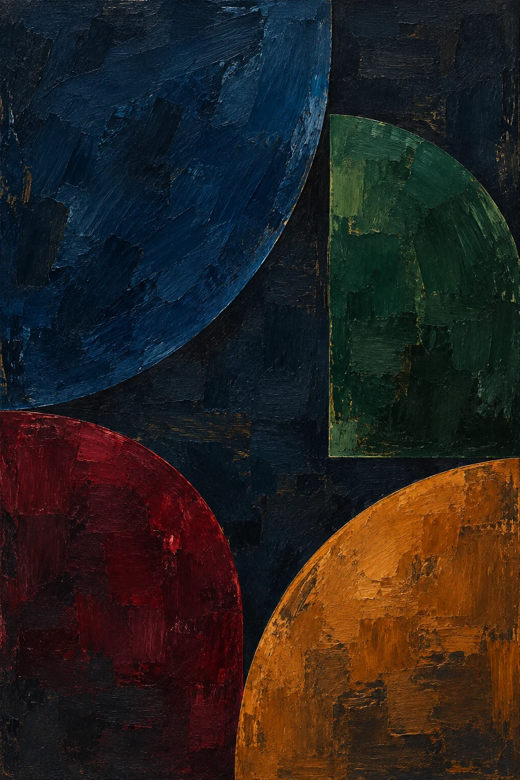 Four quarter-circles turned different ways in black, rust; portrait artwork.