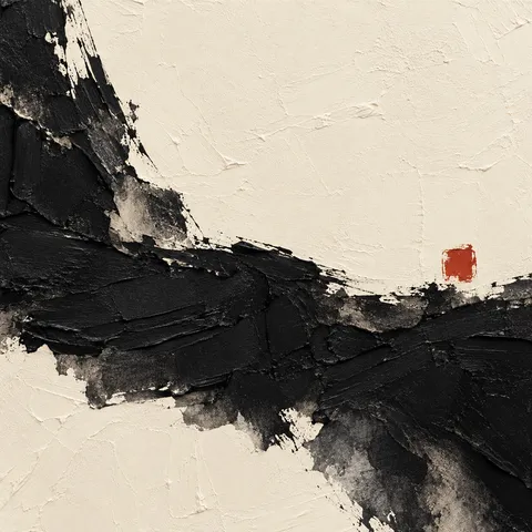 One heavy impasto band across the lower third in cream, black, taupe; square artwork.