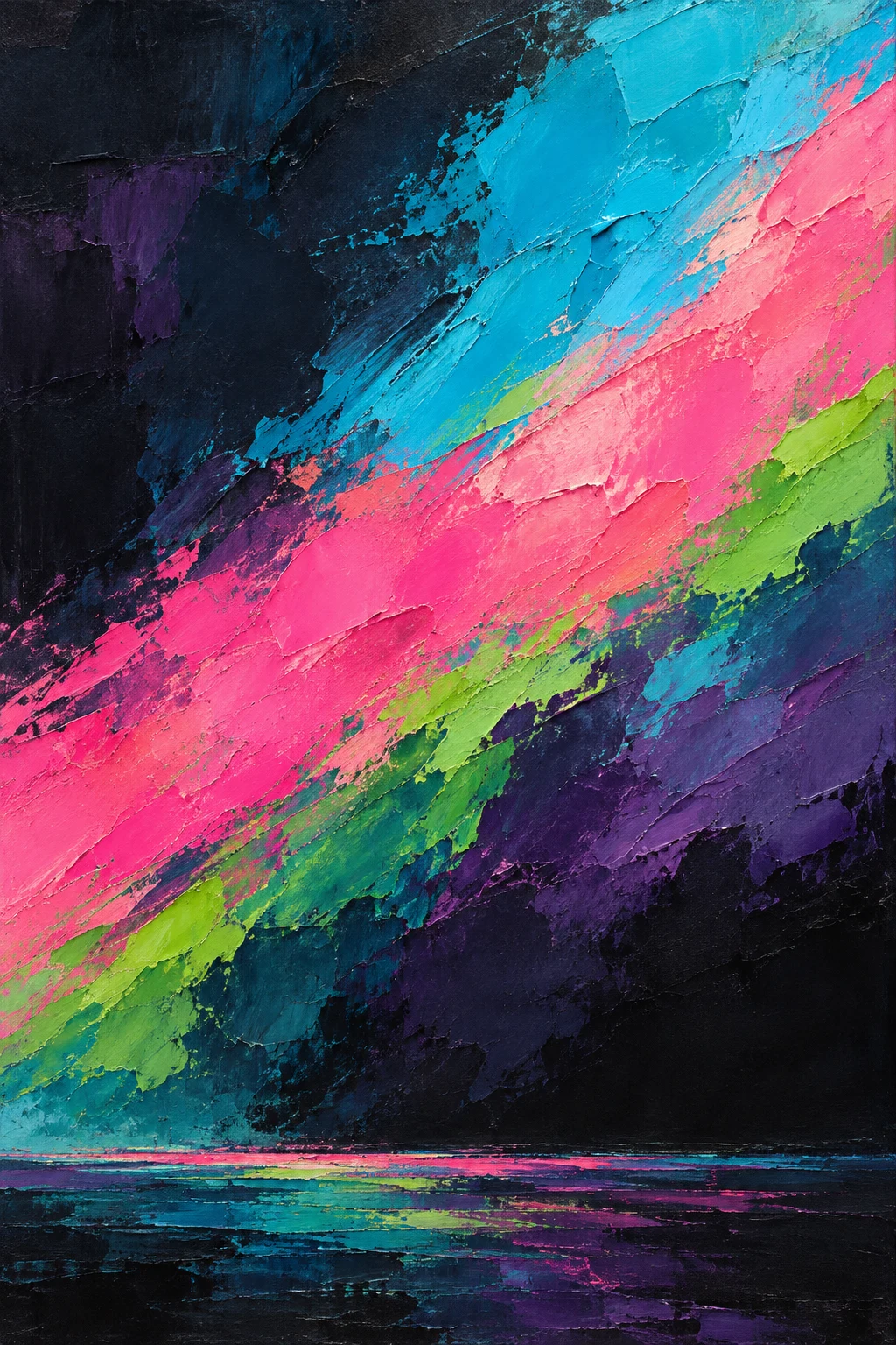 One long sweep from lower left to upper right in black, pink, charcoal, teal; portrait artwork.
