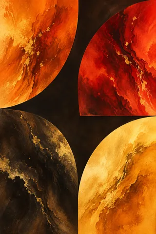 Four quarter-circles turned different ways in black, red, orange, burgundy; portrait artwork.