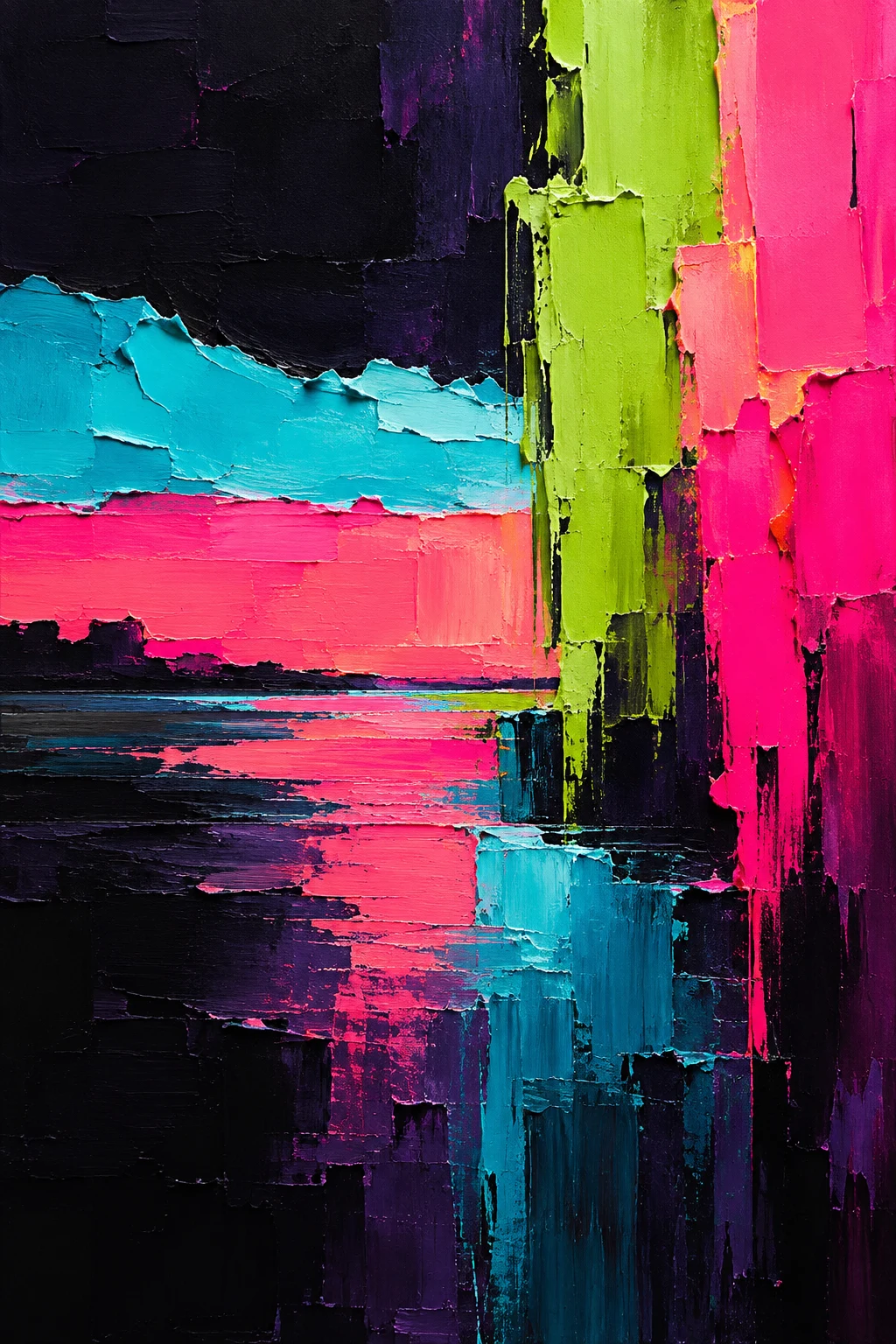 A torn-paper horizon in three bands in black, pink, sage, navy; portrait artwork.