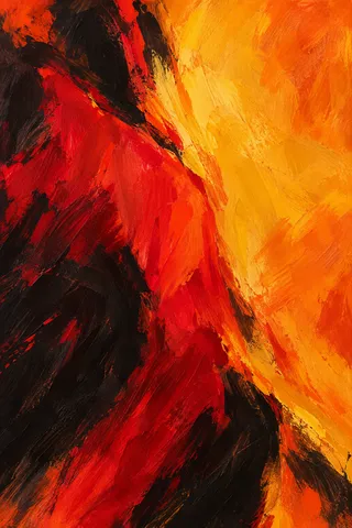 Two vast overlapping fields meeting on a soft seam in black, orange, red, yellow; portrait artwork.