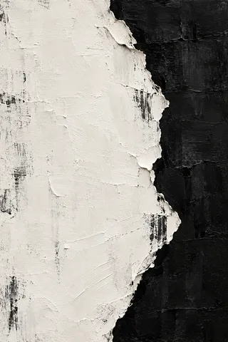 A vertical tear revealing a darker layer beneath in cream, black, stone; portrait artwork.