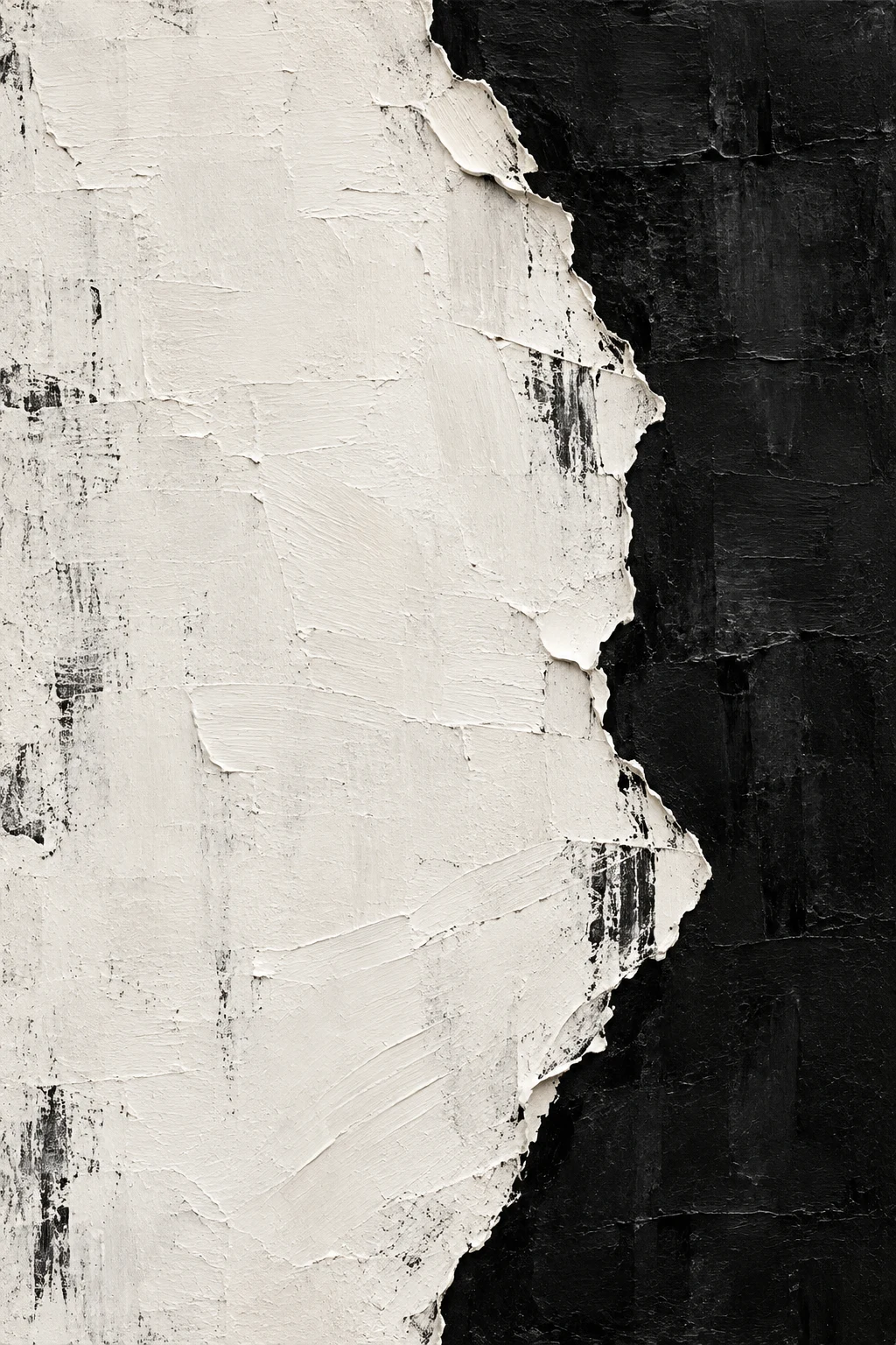 A vertical tear revealing a darker layer beneath in cream, black, stone; portrait artwork.