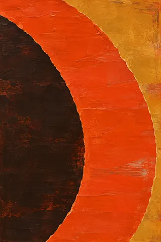 One enormous arc sweeping from edge to edge in red, black, orange; portrait artwork.