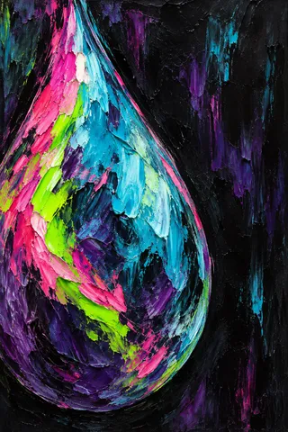 One gigantic teardrop form in black, navy, sky blue, purple; portrait artwork.