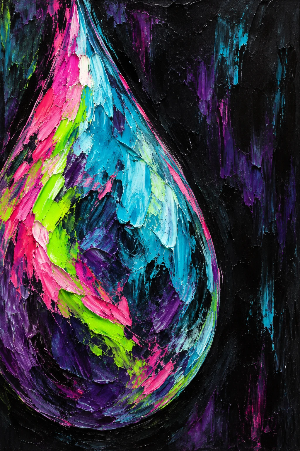One gigantic teardrop form in black, navy, sky blue, purple; portrait artwork.