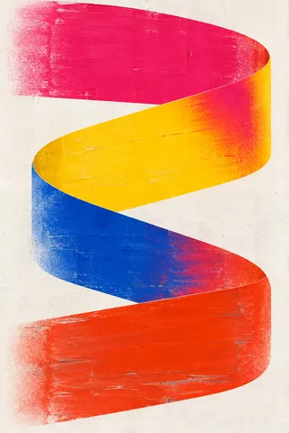 A broad ribbon folding back on itself in white, red, yellow, purple; portrait artwork.