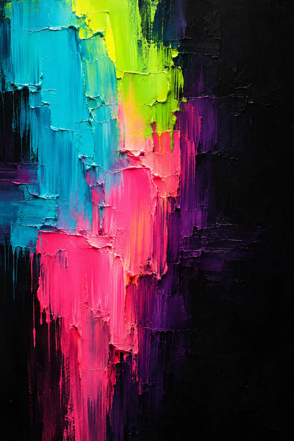 Two pools of color bleeding into one another in black, red, blue, sky blue; portrait artwork.