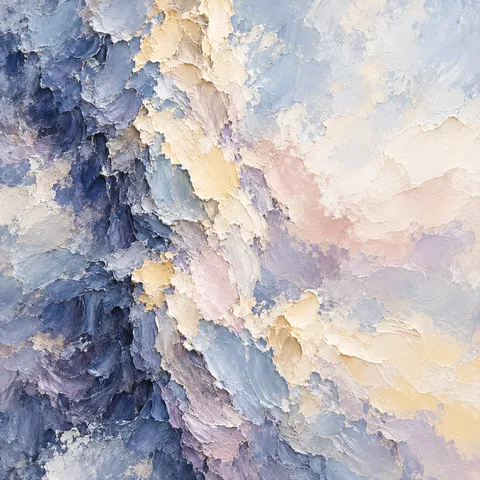 A towering column of layered strokes set off-center in cream, lavender, gray, stone; square artwork.