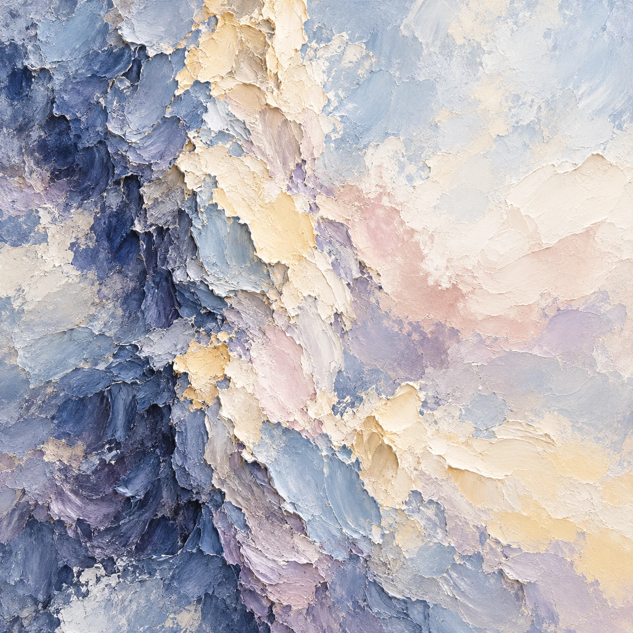 A towering column of layered strokes set off-center in cream, lavender, gray, stone; square artwork.