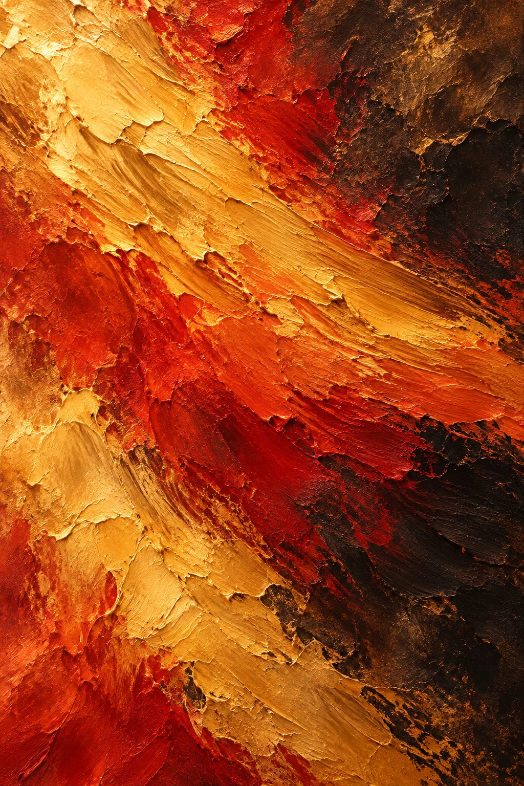 A single colossal brushstroke dragged across the whole field in rust, orange, red, burgundy; portrait artwork.
