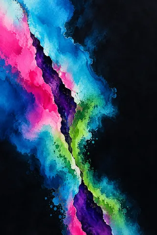 A vertical tear revealing a darker layer beneath in black, teal, navy, sky blue; portrait artwork.