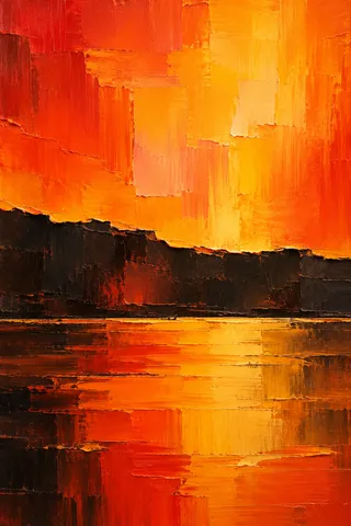 A torn-paper horizon in three bands in orange, red, black, yellow; portrait artwork.