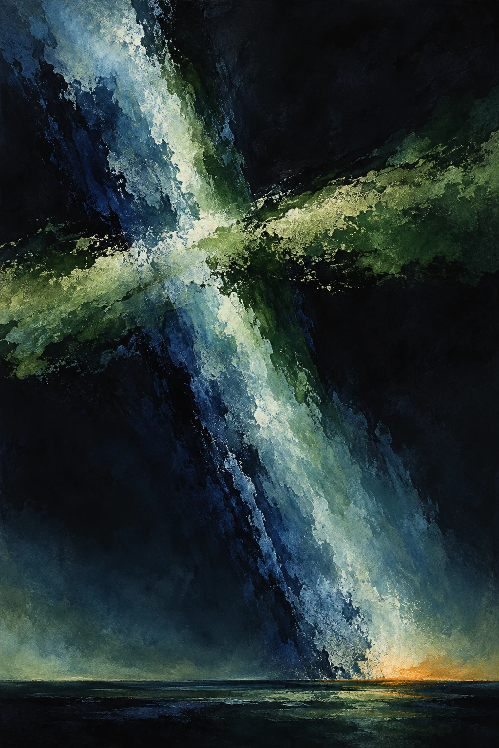 A tilted cross of two loaded strokes in black, forest green, green, sage; portrait artwork.