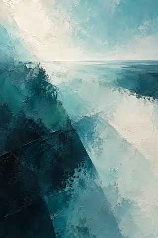 A tilted cross of two loaded strokes in cream, black, stone, sky blue; portrait artwork.