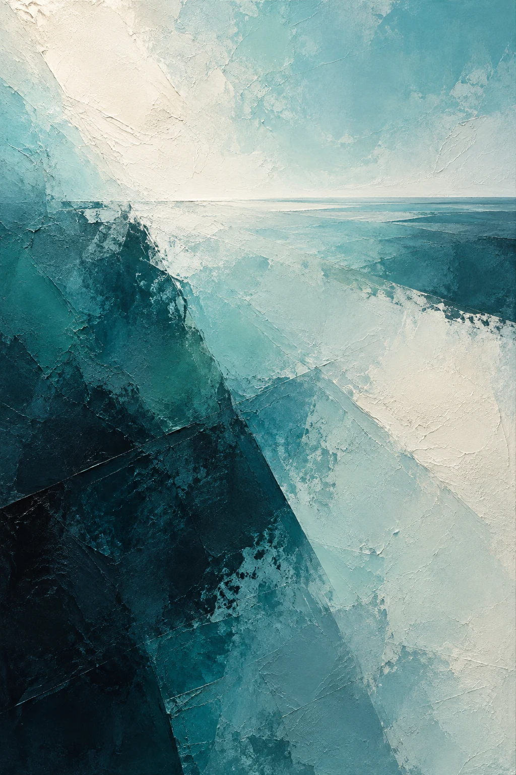 A tilted cross of two loaded strokes in cream, black, stone, sky blue; portrait artwork.