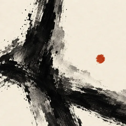 A towering column of layered strokes set off-center in white, black, stone, charcoal; square artwork.