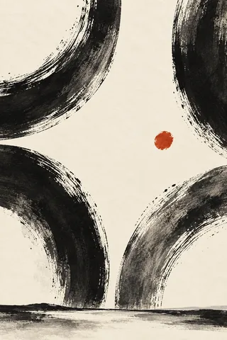 Four quarter-circles turned different ways in cream, black, charcoal, white; portrait artwork.