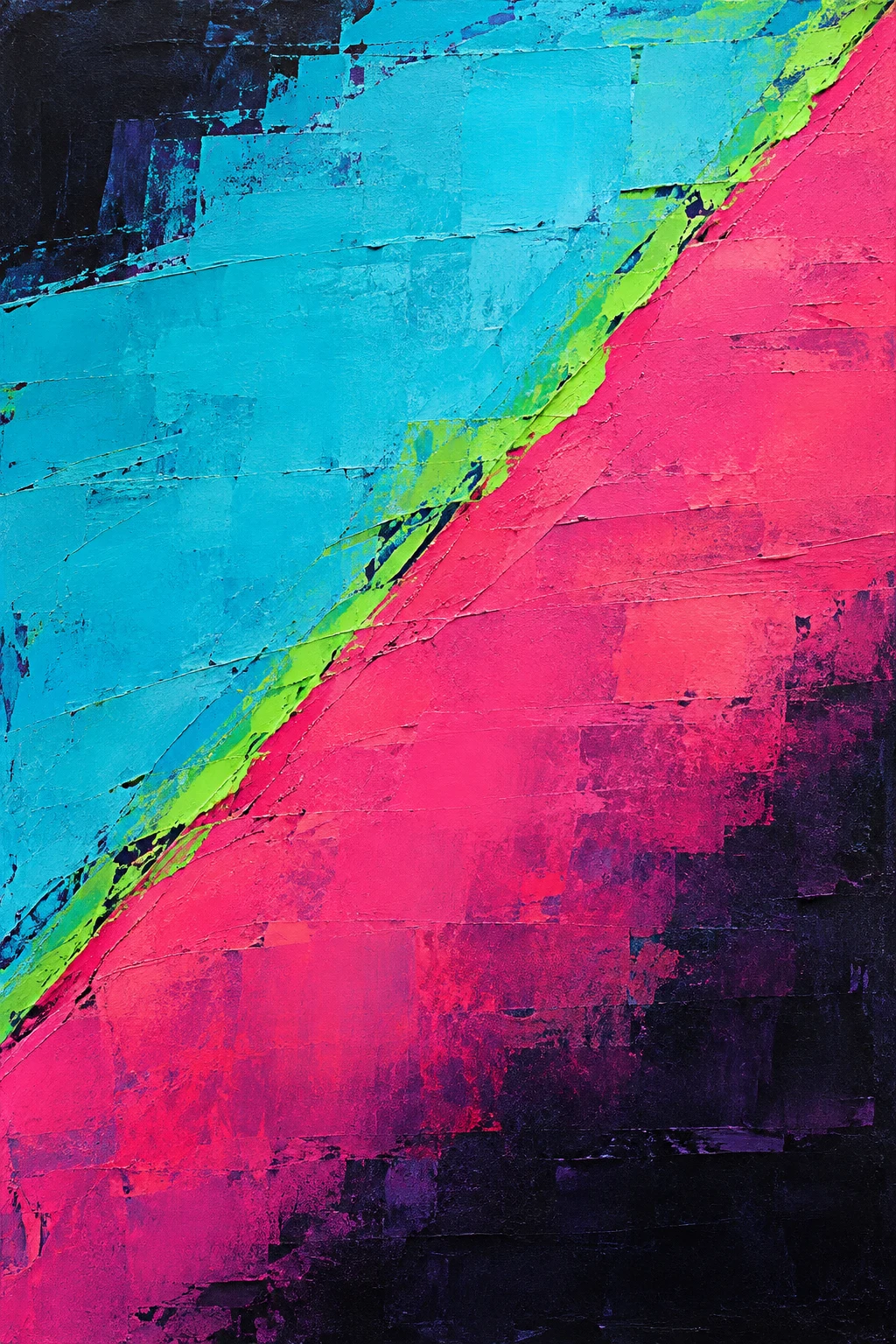 A diagonal split of two colors, hard edged in black, red, teal, pink; portrait artwork.