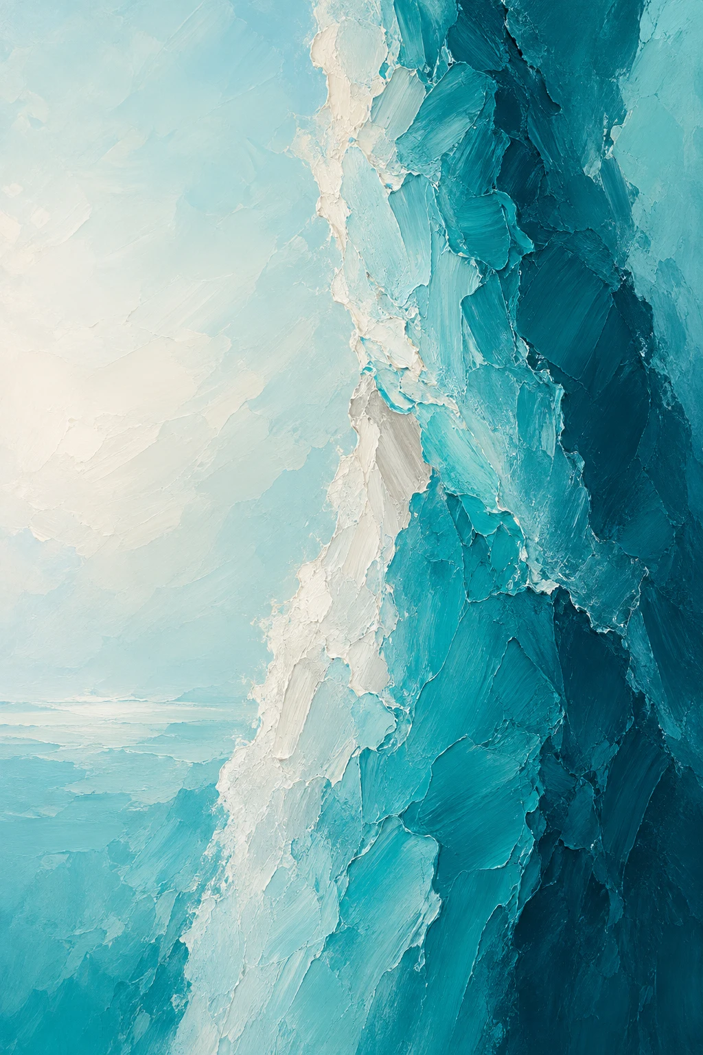 A towering column of layered strokes set off-center in cream, teal, sky blue, navy; portrait artwork.