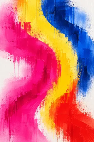 Three flowing bands bending like a slow current in red, yellow, cream, pink; portrait artwork.