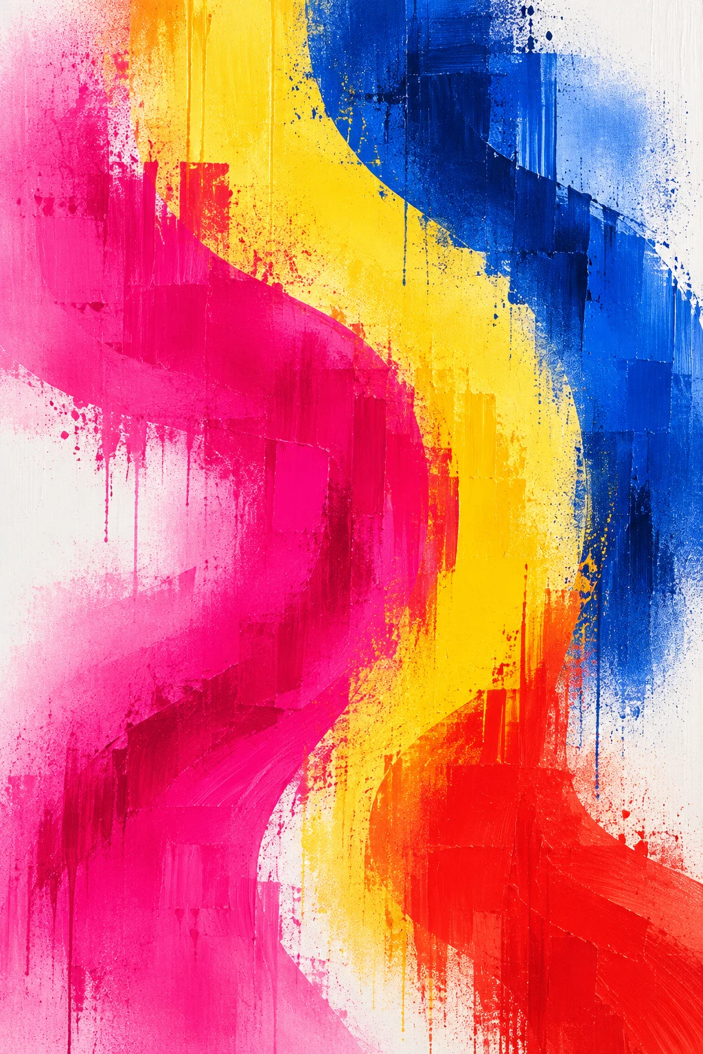 Three flowing bands bending like a slow current in red, yellow, cream, pink; portrait artwork.