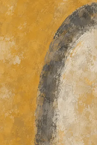 One wide arch pressed into a thick surface in ochre, sand, olive, stone; portrait artwork.