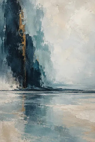 A wide shelf shadow running the whole width in cream, gray, stone, navy; portrait artwork.