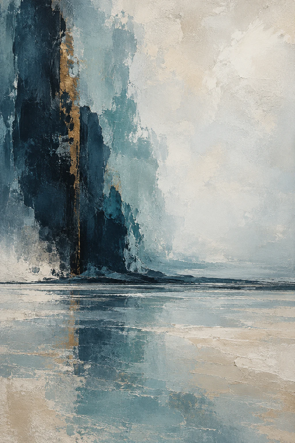 A wide shelf shadow running the whole width in cream, gray, stone, navy; portrait artwork.