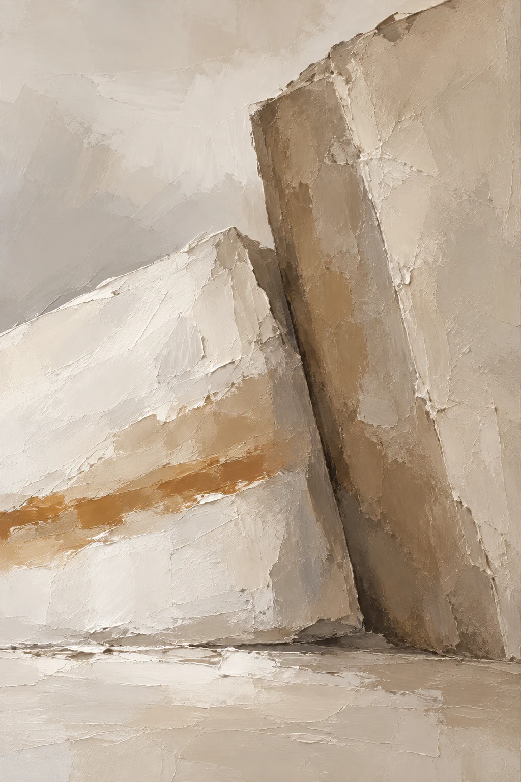 Two heavy blocks leaning against each other in stone, cream, sage, olive; portrait artwork.
