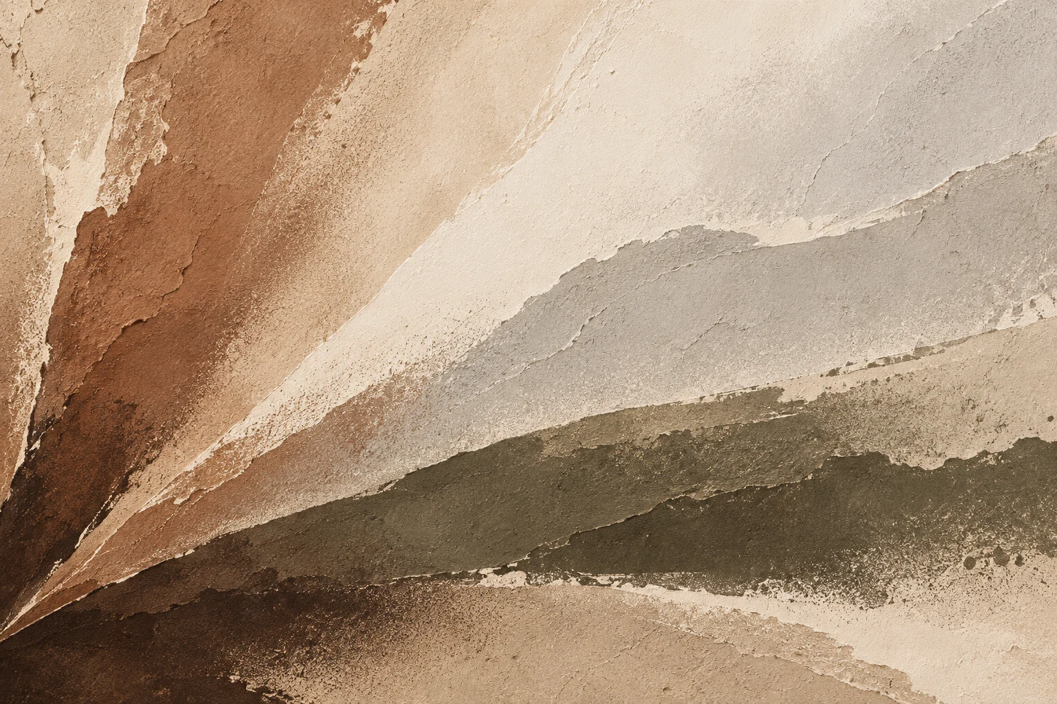 A broad fan of tapering strokes opening from one corner in stone, sand, olive, taupe; landscape artwork.
