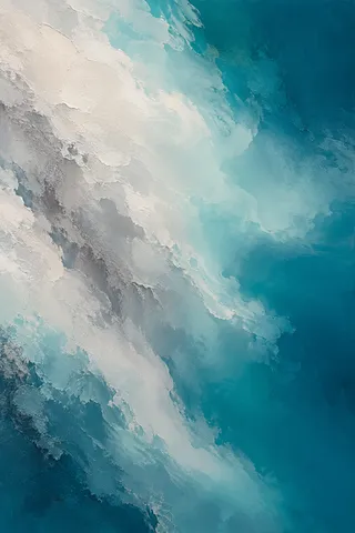A great soft cloud form drifting off the left edge in teal, sky blue, stone, cream; portrait artwork.