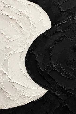 Two enormous crescents interlocking in black, cream; portrait artwork.