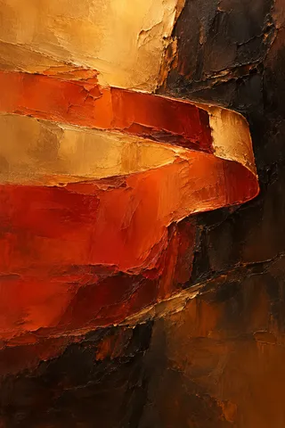 A broad ribbon folding back on itself in black, burgundy, terracotta, rust; portrait artwork.