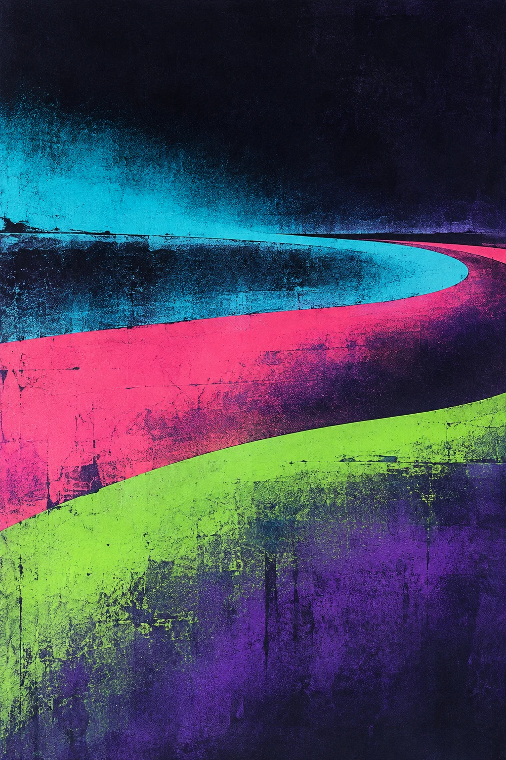 Three flowing bands bending like a slow current in black, burgundy, pink, blue; portrait artwork.