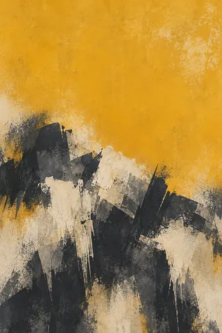 A mass of gathered strokes in the lower half under a vast empty sky in yellow, charcoal, stone, sand; portrait artwork.